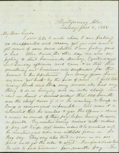 Letter of M. J. [Monroe Joshua Miller], Montgomery, Ala., to Linda, Lebanon, Illinois, June 6, 1865