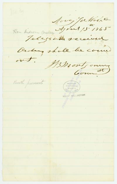 Contemporary copy of telegram of J. B. Montgomery, Navy Yard, Washington, [to Gideon Welles], April 15, 1865