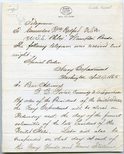 Contemporary copy of telegram of Gideon Welles, Secretary of the Navy, to Commodore Wm. Radford [William Radford] U.S.N., U.S.S. 