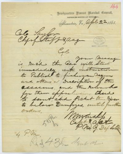 Contemporary copy of telegram of M. Winship, Headquarters Provost Marshal General, Defences South of Potomac, Alexandria, Va., to Col. Taylor, Chf. of Staff and A.A.G., April 22, 1865