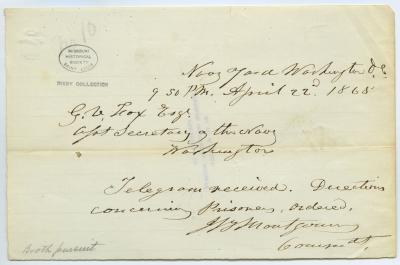 Contemporary copy of telegram of J.B. Montgomery, Navy Yard, Washington, to G.V. Fox, Asst. Secretary in the Navy, Washington, April 22, 1865