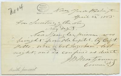 Contemporary copy of telegram of J.B. Montgomery, Navy Yard, Washington, to Hon. Secretary of the Navy [Gideon Welles], Navy Dept., April 24, 1865