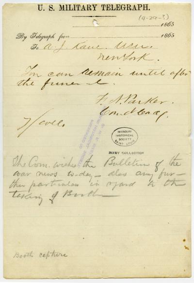 United States Military Telegraph of F.A. Parker to A.J. Kane, New York, [April 29], 1865