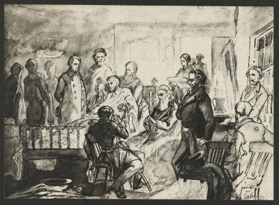 Drawing of the death bed scene of President Abraham Lincoln, with a man holding Lincoln