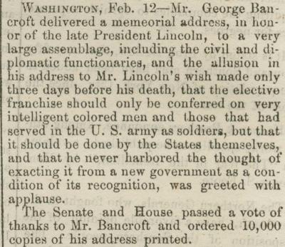 Brief news item about the memorial address delivered by George Bancroft on Abraham Lincoln’s birthday in 1866.