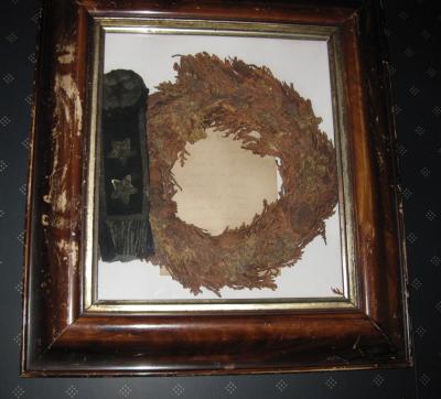 Framed funeral wreath and Pallbearer's badge