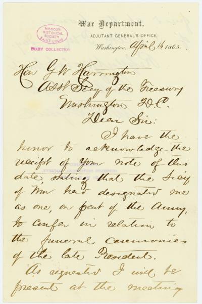 Letter signed W.A. Nichols, War Department, Adjutant General's Office, Washington, to Hon. G.W. Harrington, Asst. Secy. of the Treasury, Washington, D.C., April 16, 1865
