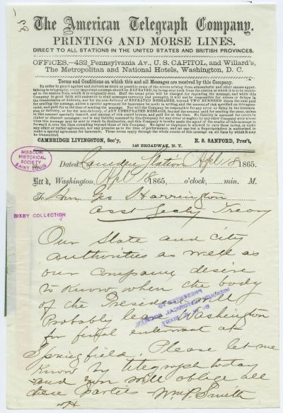 American Telegraph Company telegram of Wm. P. Smith [William P. Smith], Camden Station, to Hon. Geo. Harrington [George Harrington], Asst. Secty. Treasy., April 18, 1865