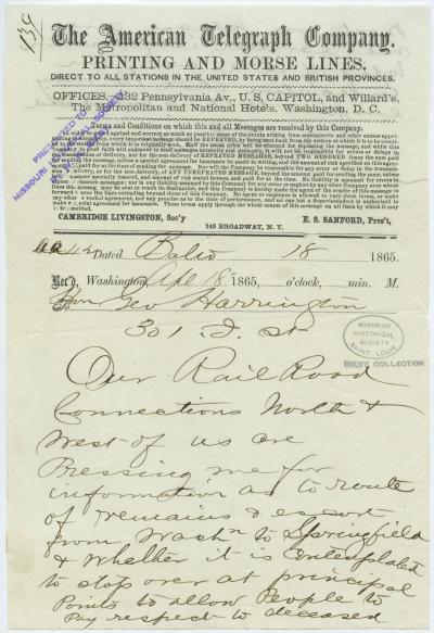 American Telegraph Company telegram of W.P. Smith, Balio. [Baltimore], to Hon. Geo. Harrington [Geo. Harrington], 301 D St., April 18, 1865