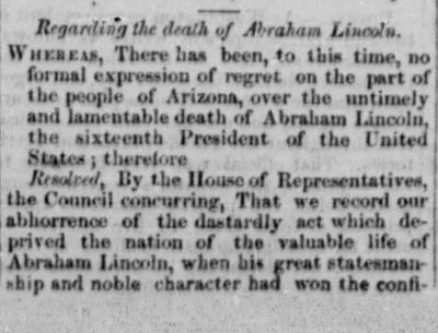 Regarding the Death of Abraham Lincoln, Arizona Miner