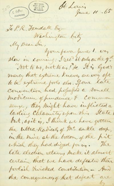Letter of Edward Bates, St. Louis, to P. R. Fendall, Esq., Washington City, June 11, 1865