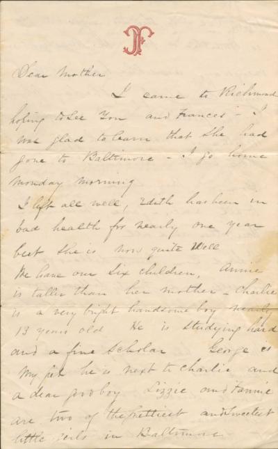 Letter from John T. Ford to his Mother