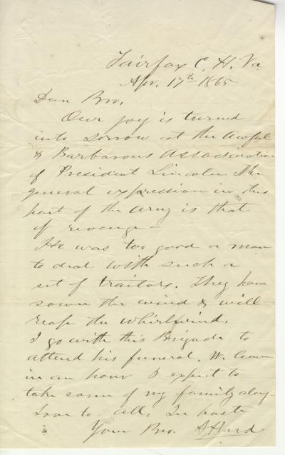 8th Illinois Cavalry Letter in Reaction to Lincoln's Death - 