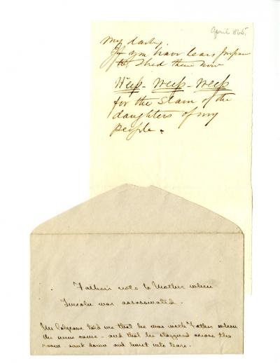 Note from Joseph A. Wheelock to his wife, Kate French Wheelock, upon hearing news of Lincoln's death