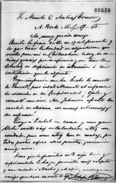 Letter to Mexican diplomat Matias Romero from Felipe Berriozábal