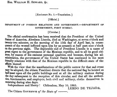 Department of Foreign Relations and Government - Mexican Response to Lincoln Assassination