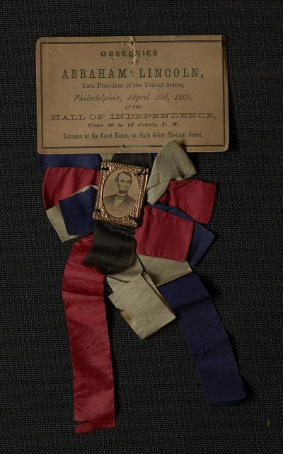 Mourning ribbon for services in honor of Lincoln in Philadelphia. 
