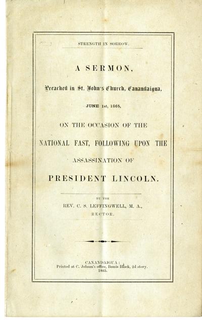 A Sermon Preached in St. John's Church on the Occasion of the National Fast, following upon the Assasination of President Lincoln
