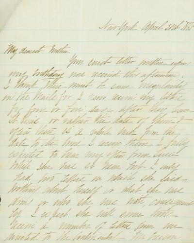 Partial letter of Nellie Blow, New York, to Dearest Mother [Minerva Blow], April 21, 1865