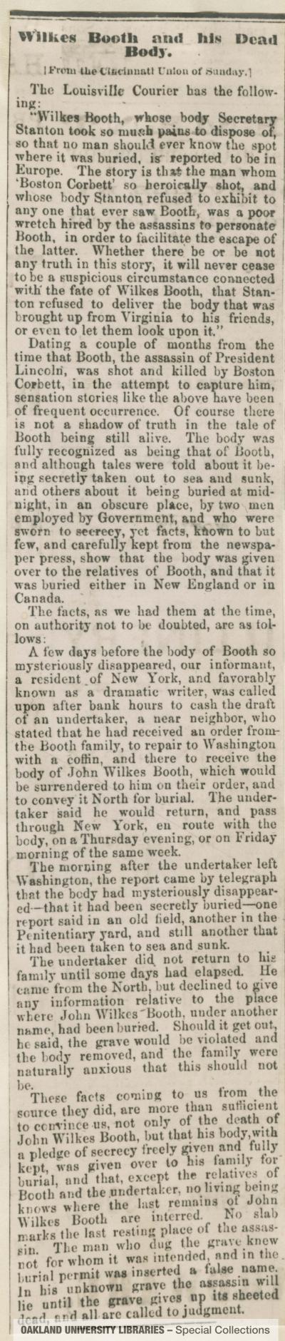 Wilkes Booth and his Dead Body [From the Cincinnati Union of Sunday]