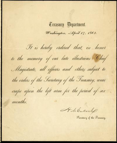 Printed Treasury Department order to wear a crepe mourning band in honor of Lincoln