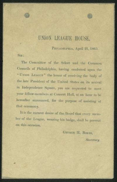 Union League of Philadelphia Funeral Invitation Letter