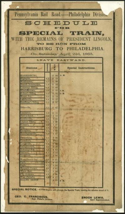 Pennsylvania Rail Road - Schedule for Funeral Train From Harrisburg to Philadelphia
