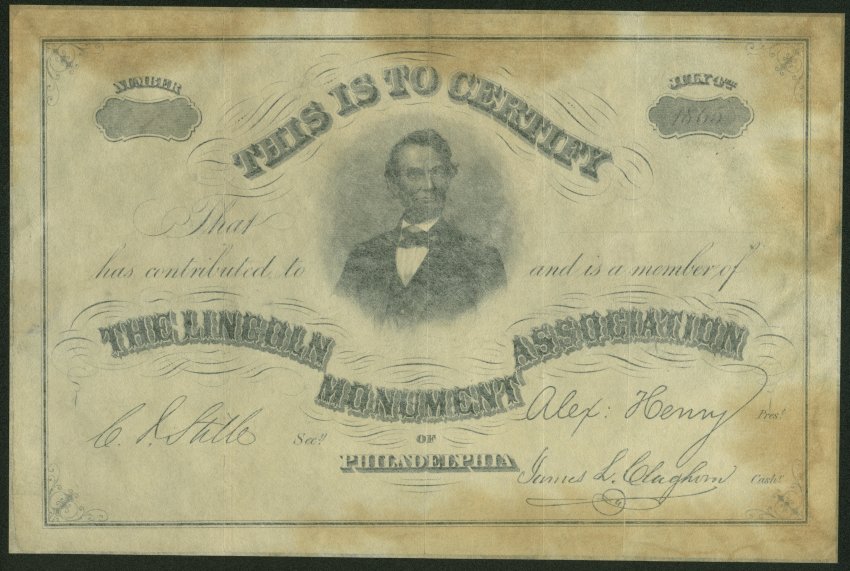 Lincoln Monument Association of Philadelphia Certificate 